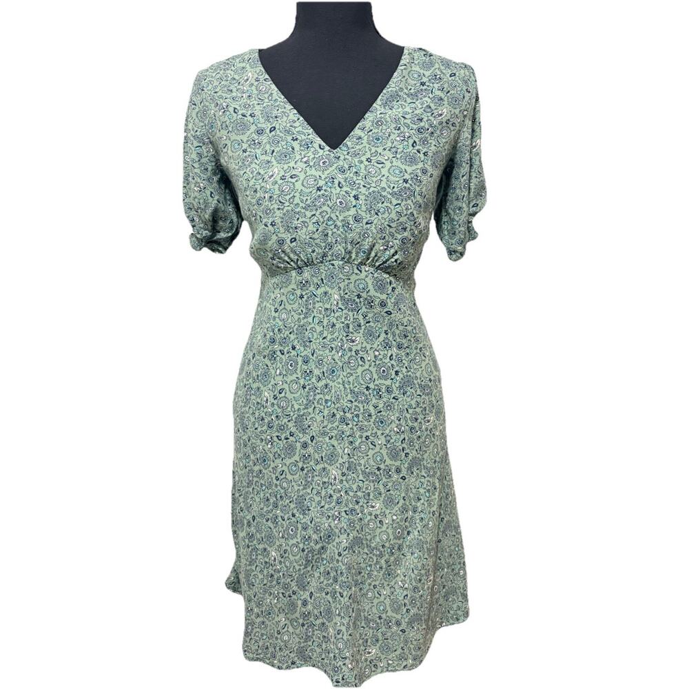 LOFT Petite Green Floral Dress 0P V Neck Puff Sleeve Lined Midi Knee Length